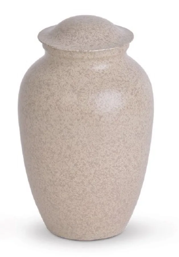 Tan speckled metal pet cremation urn