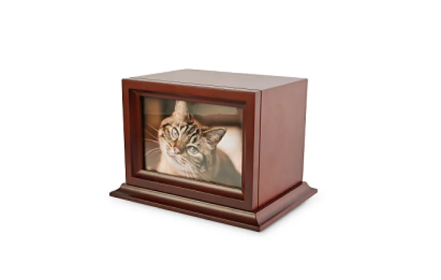 Serenity wooden photo pet urn that displays a photo in the front panel