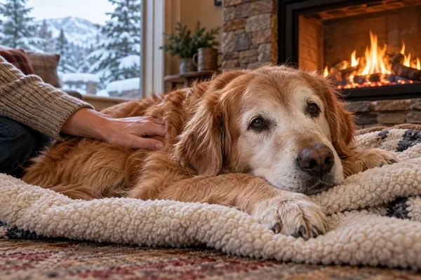 Senior golden retriever resting on a blanket beside a fireplace, with an owner's hand nearby and snow outside.