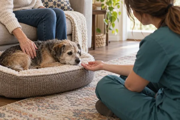 Veterinarian offering a relaxed hand to a senior terrier resting in its bed while its owner gently pets its back.
