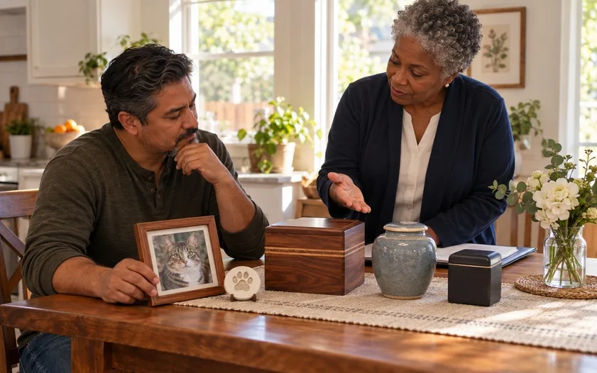 Pet owner discussing cremation options with an aftercare professional, with memorial urns and a framed cat photo.