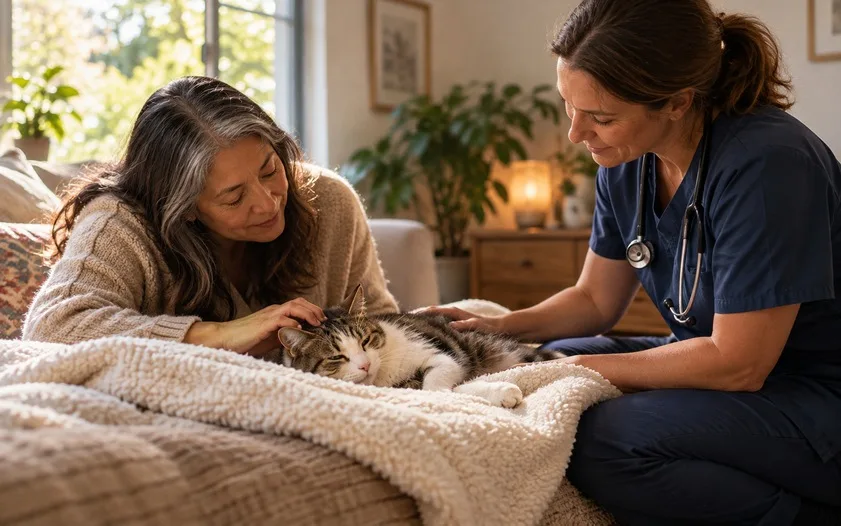 Veterinarian and cat owner gently comforting an elderly cat during a peaceful in-home visit.